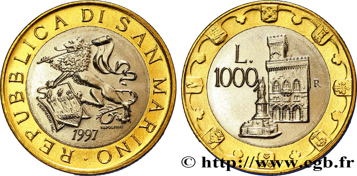 SAN MARINO 1000 Lire lion héraldique / le Palazzo Publico 1997 Rome - R fST 