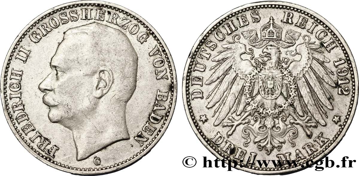 GERMANIA - BADEN 3 Mark Frédéric II 1912 Karlsruhe BB 