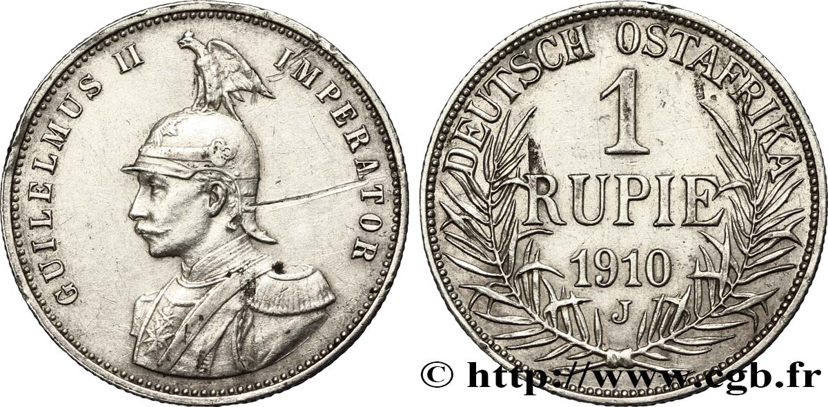 GERMAN EAST AFRICA 1 Rupie (Roupie) Guillaume II Deutsch-Ostafrica 1910 Hambourg XF 