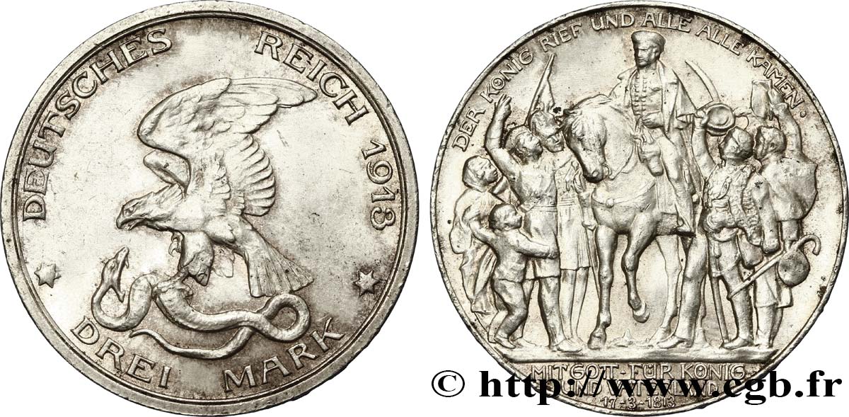 ALEMANIA - PRUSIA 3 Mark 100e anniversaire défaite de Napoléon 1913 Berlin EBC 