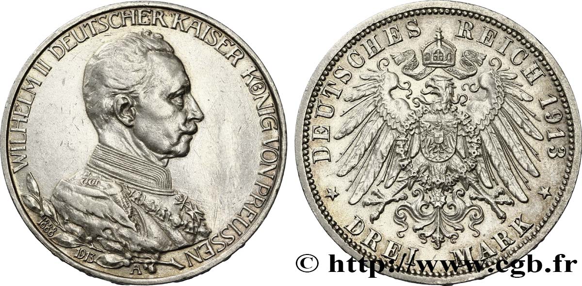 ALLEMAGNE - PRUSSE 3 Mark 25e anniversaire de règne de Guillaume II 1913 Berlin TTB 