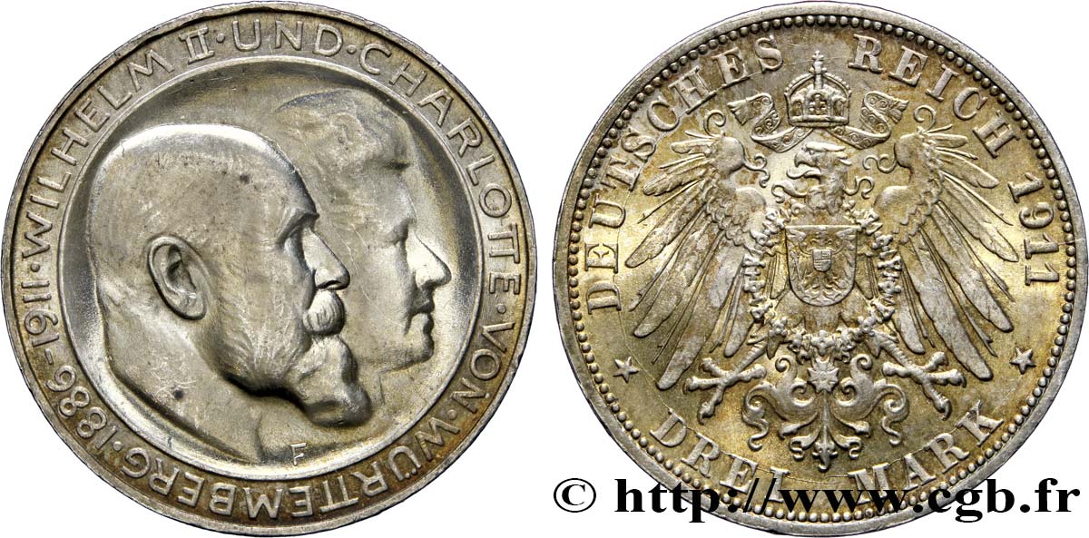 DEUTSCHLAND - WÜRTTEMBERG 3 Mark Guillaume II et Charlotte 1911 Stuttgart VZ 