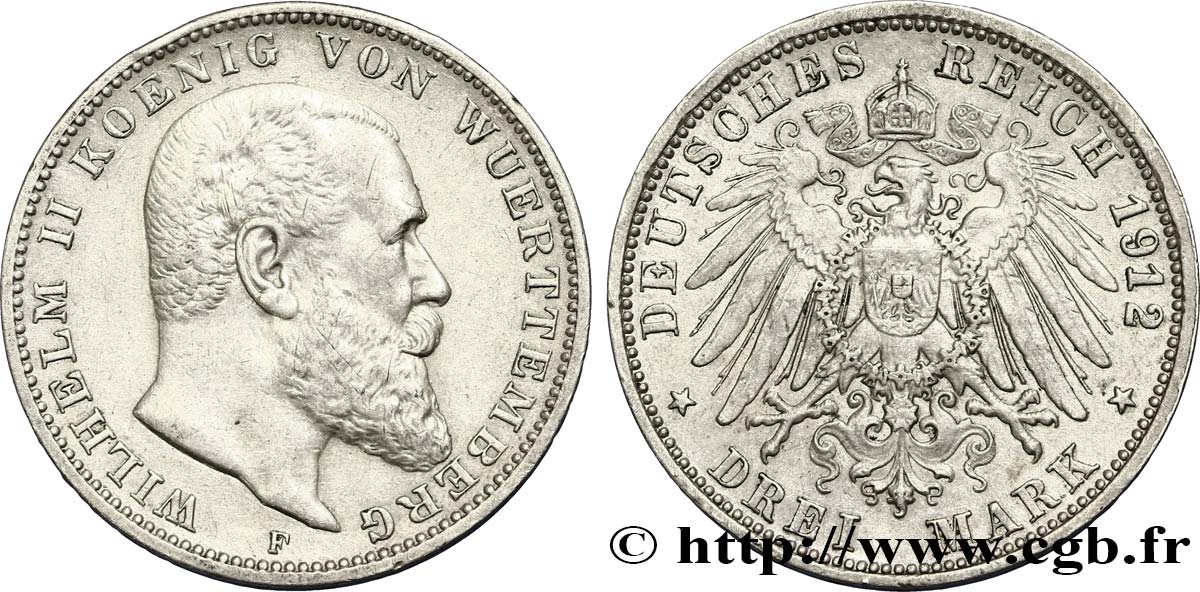 ALLEMAGNE - WURTEMBERG 3 Mark Guillaume II 1912 Stuttgart TTB 