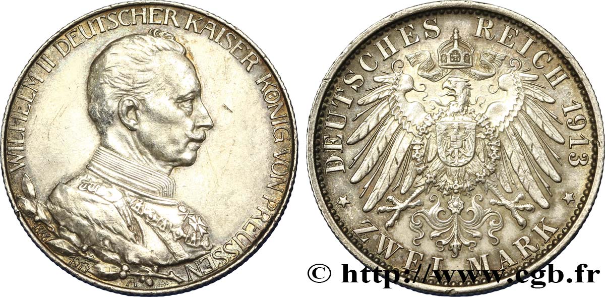 GERMANY - PRUSSIA 2 Mark jubilé Guillaume II 1913 Berlin AU 