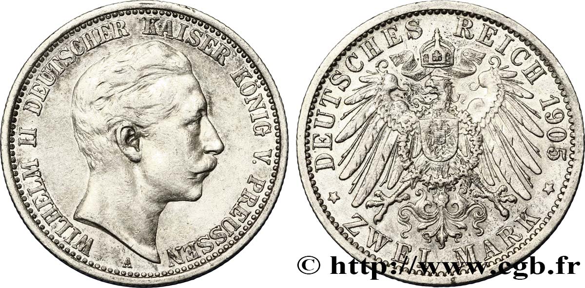 GERMANY - PRUSSIA 2 Mark Guillaume II  1905 Berlin AU 