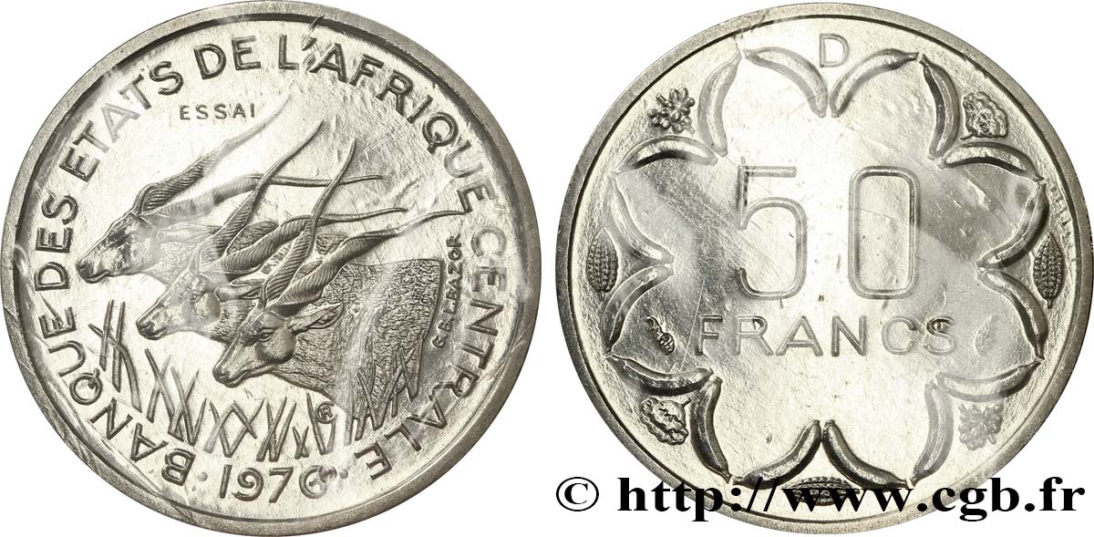 CENTRAL AFRICAN STATES Essai de 50 Francs antilopes lettre ‘D’ Gabon 1976 Paris AU 