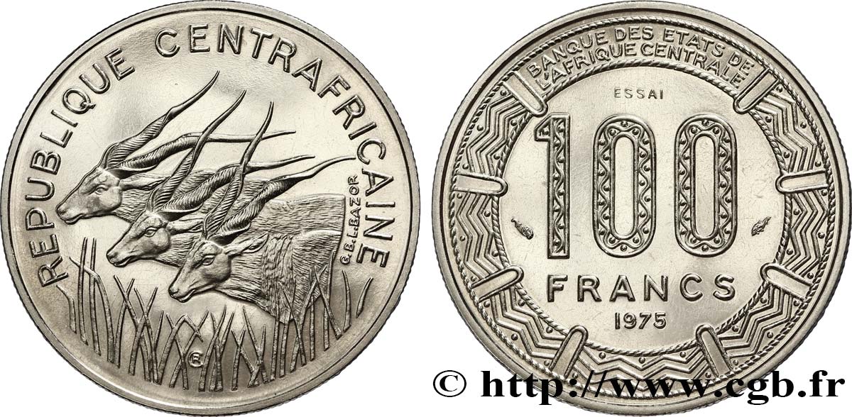 REPUBBLICA CENTRAFRICANA Essai de 100 Francs antilopes type “BEAC” 1975 Paris MS 