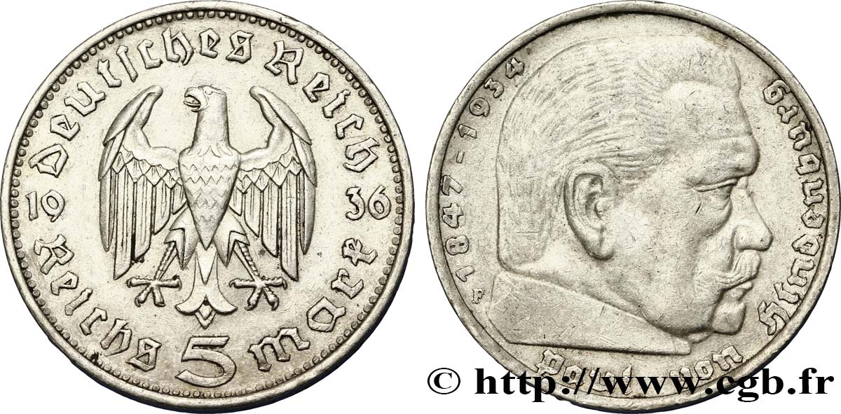 ALLEMAGNE 5 Reichsmark Maréchal Paul von Hindenburg 1936 Stuttgart - F TTB 