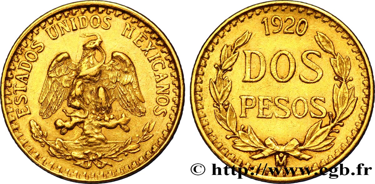 MÉXICO 2 Pesos or Aigle du Mexique 1920 Mexico MBC 