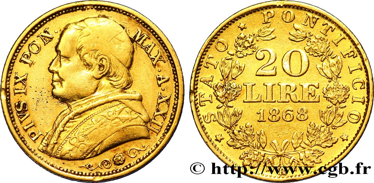 VATICAN AND PAPAL STATES 20 Lire Pie IX an XXIII 1868 Rome VF 