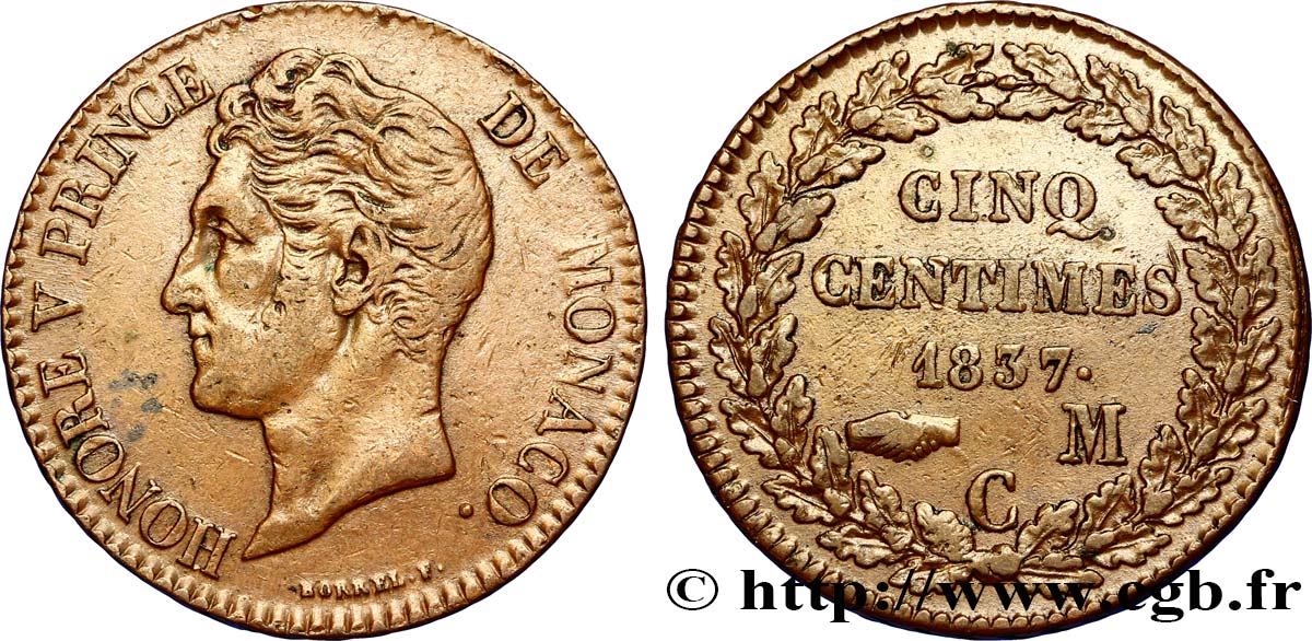 MONACO 5 Centimes Honoré V petite tête en cuivre rouge 1837 Monaco BB 