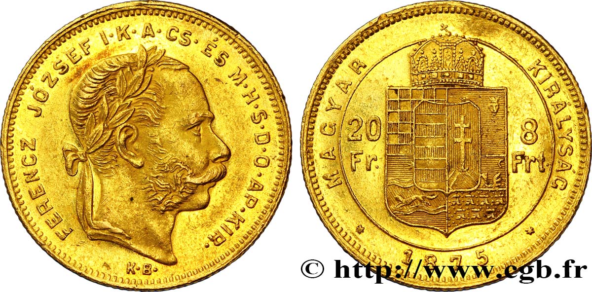 HONGRIE 20 Francs or ou 8 Forint François-Joseph Ier 1875 Kremnitz TTB+ 