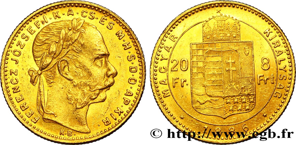HUNGARY 20 Francs or ou 8 Forint, 2e type François-Joseph Ier 1886 Kremnitz AU 