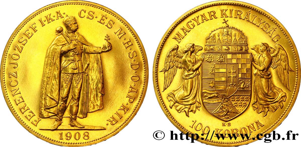HUNGARY 100 corona en or 1908 Kremnitz AU 