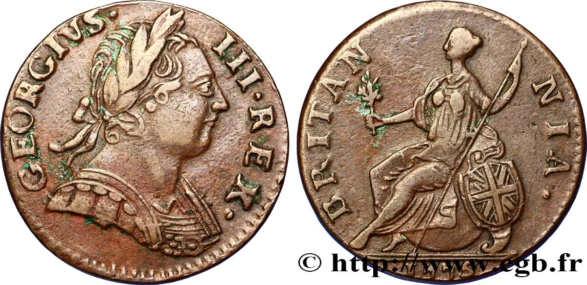 REINO UNIDO 1/2 Penny Georges III 1775 Londres BC+ 