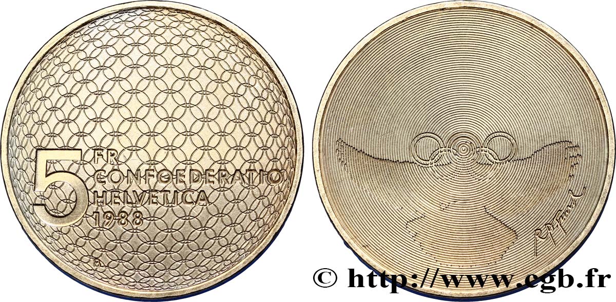 SUIZA 5 Francs Jeux Olympiques, colombe et anneaux 1988 Berne - B EBC 