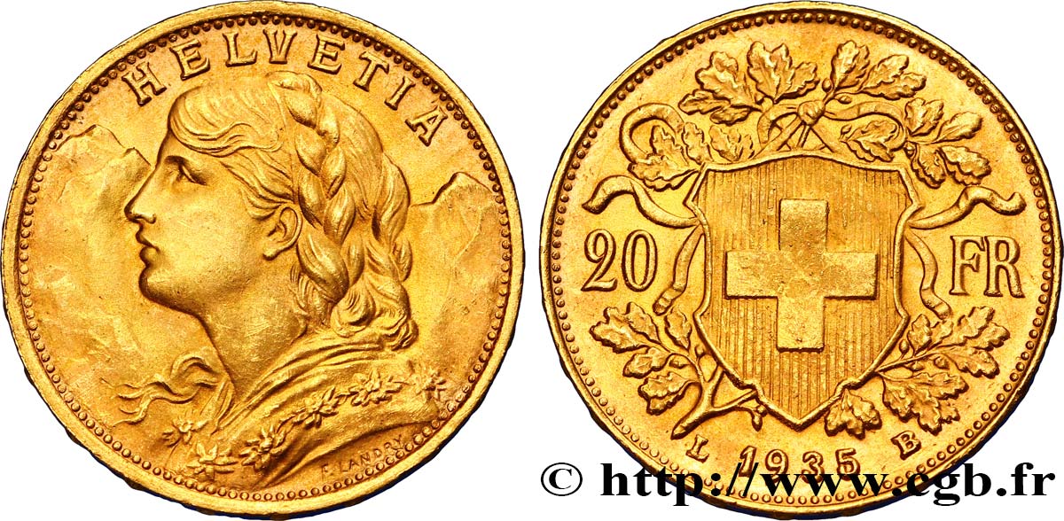 SWITZERLAND 20 Francs or  Vreneli  1935 Berne AU 