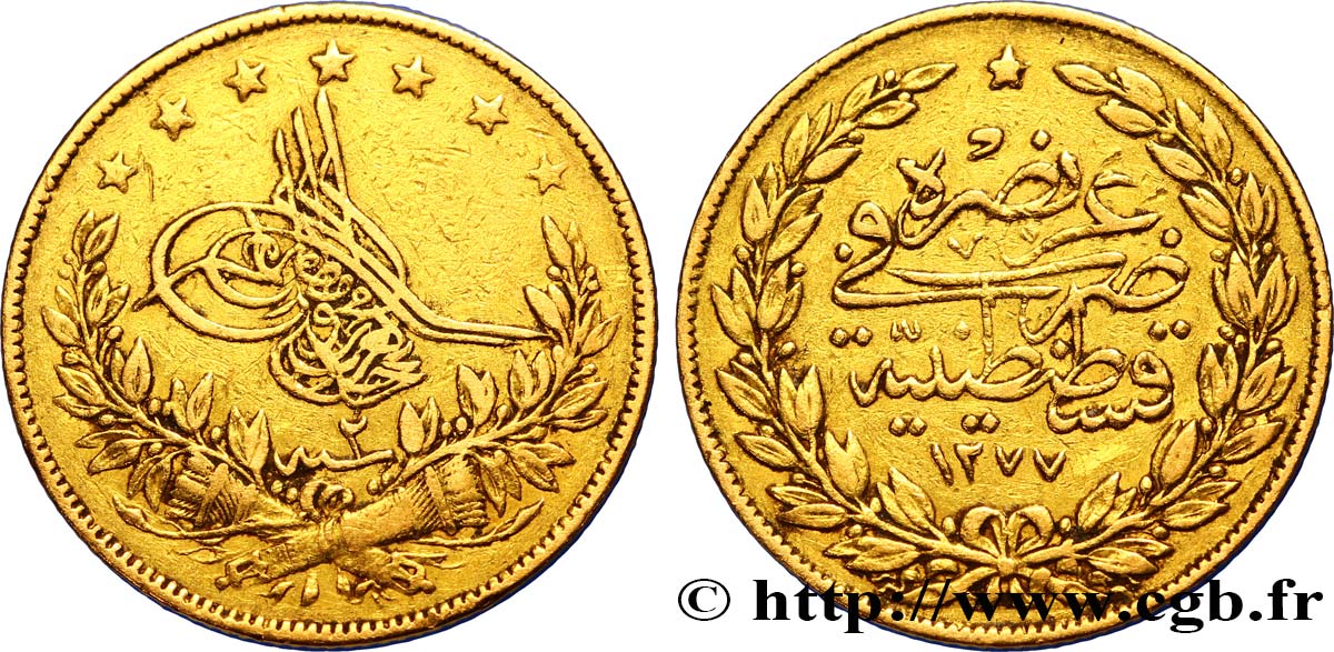 TURQUíA 100 Kurush en or Sultan Sultan Abdülaziz AH 1277, An 2 1861 1901 Constantinople BC+ 