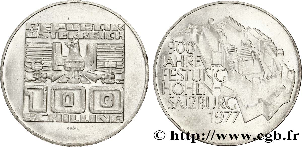 ÖSTERREICH 100 Schilling 900e anniversaire de la forteresse du Hohensalzburg 1977  fST 