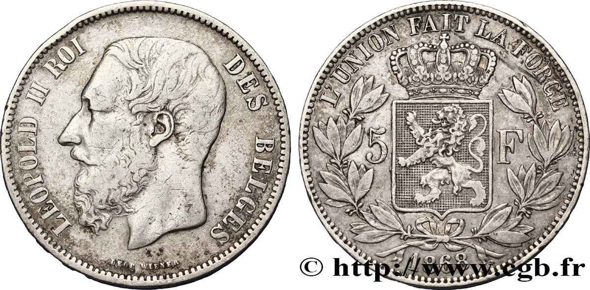 BELGIUM 5 Francs Léopold II  1868  XF 