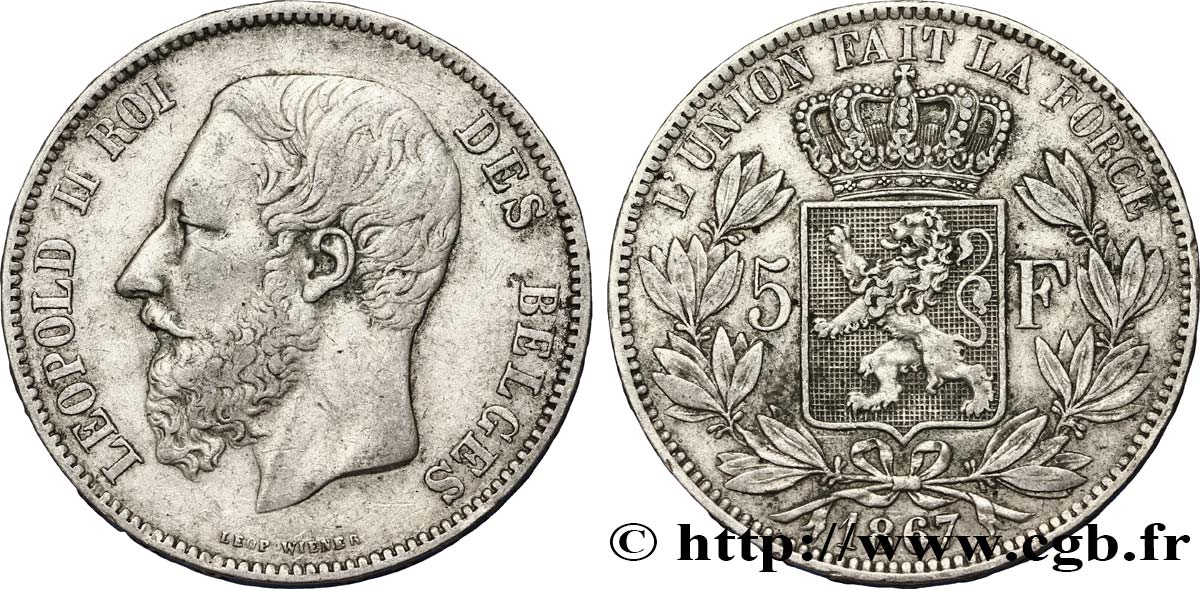BÉLGICA 5 Francs Léopold II 1867  MBC 
