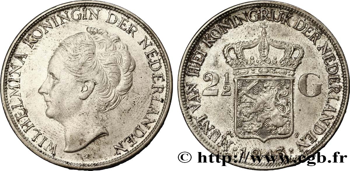 NETHERLANDS ANTILLES 2 1/2 Gulden Wilhelmina 1940 Utrecht AU 