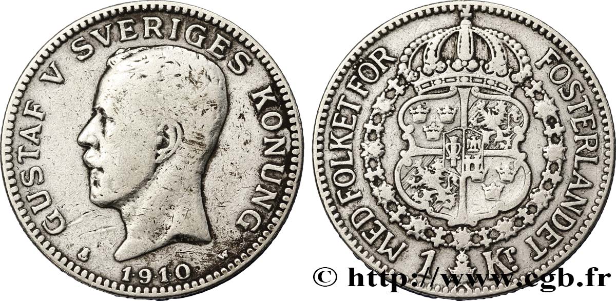 SUECIA 1 Krona Gustave V 1910  BC+ 