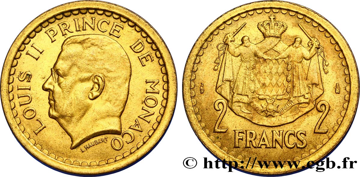 MONACO 2 Francs Louis II / armes (1943) Paris SPL 