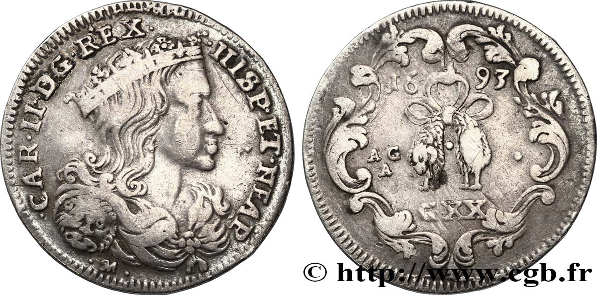 ITALY - KINGDOM OF NAPLES 1 Tari Charles II 1693 Naples XF 