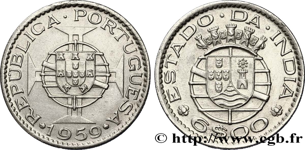PORTUGIESISCH-INDIEN 6 Escudos emblème du Portugal / emblème de l’État portugais de l Inde 1959  VZ 