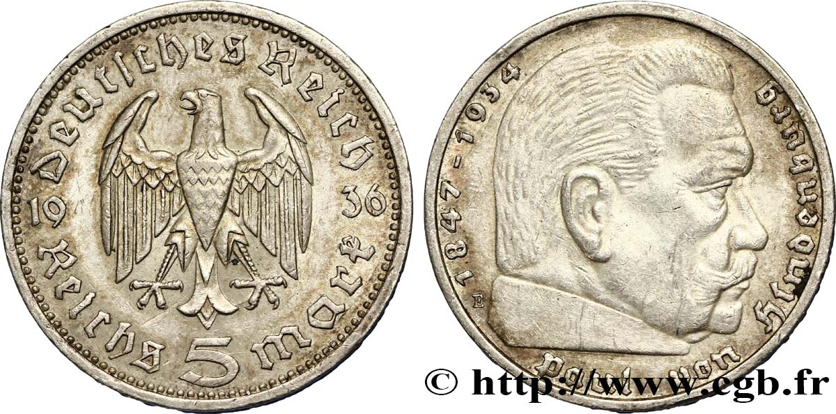 GERMANY 5 Reichsmark Maréchal Paul von Hindenburg 1936 Muldenhütten - E XF 