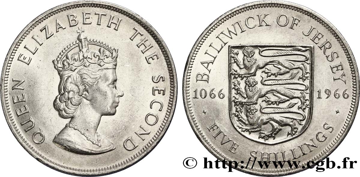 JERSEY 5 Shilling Elisabeth II / armes du Baillage de Jersey 1966  AU 