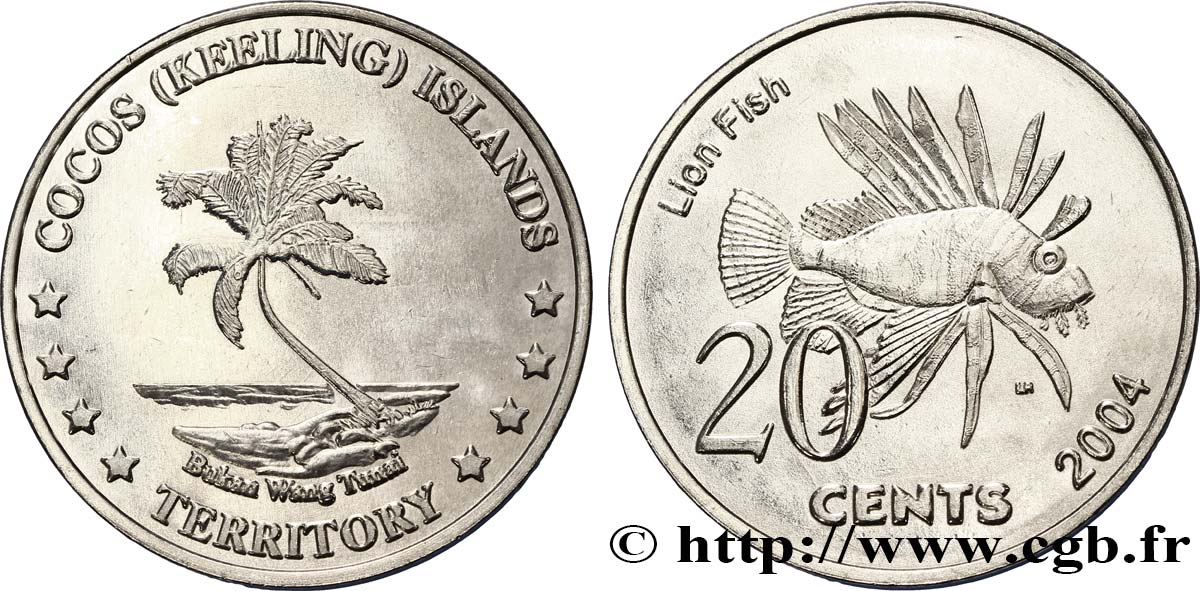 KEELING COCOS ISLANDS 20 Cents cocotier / poisson lion 2004  AU 
