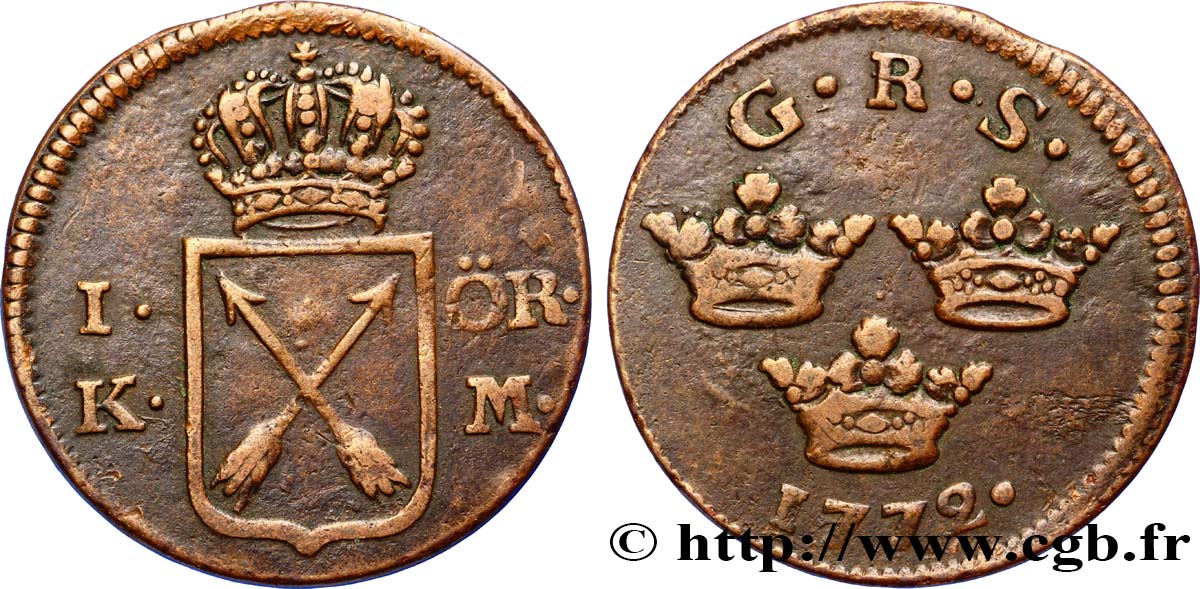 SWEDEN 1 Ore 3 couronnes 1772  XF 