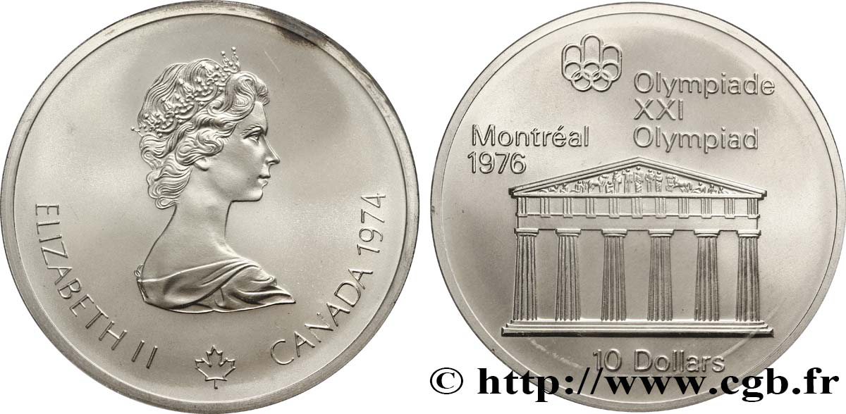 CANADá
 10 Dollars JO Montréal 1976 temple de Zeus / Elisabeth II 1974  FDC 