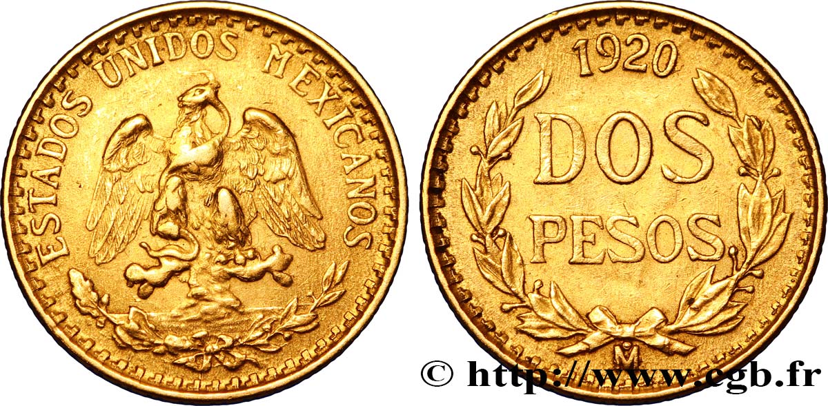MÉXICO 2 Pesos or Aigle du Mexique 1920 Mexico MBC 