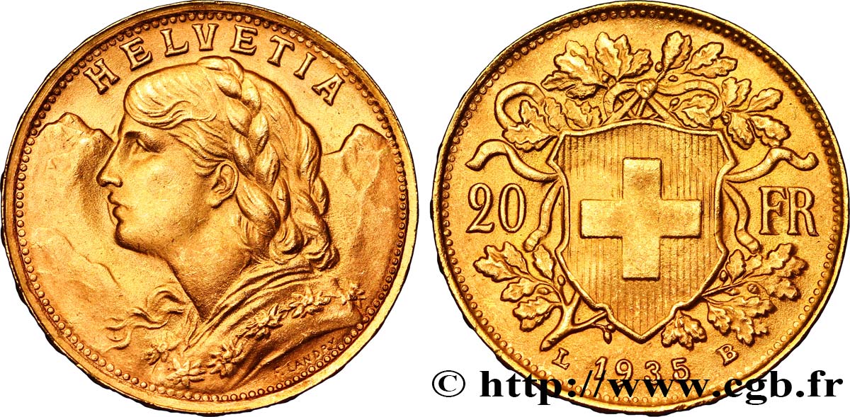 SUIZA 20 Francs or  Vreneli  1935 Berne EBC 