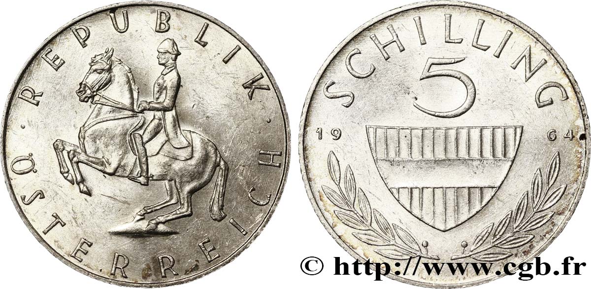 ÖSTERREICH 5 Schilling bouclier / cavalier sur un cheval Lippizan du haras de Piber  1964  VZ 