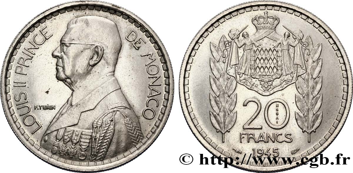 MONACO Essai de 20 Francs Louis II 1945 Paris SC 
