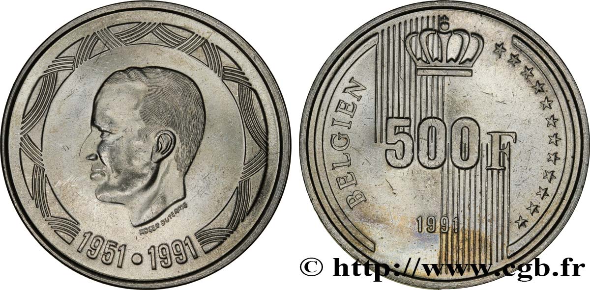BELGIEN 500 Francs Proof légende allemande 40 ans de règne du roi Baudouin 1991 Bruxelles fST 