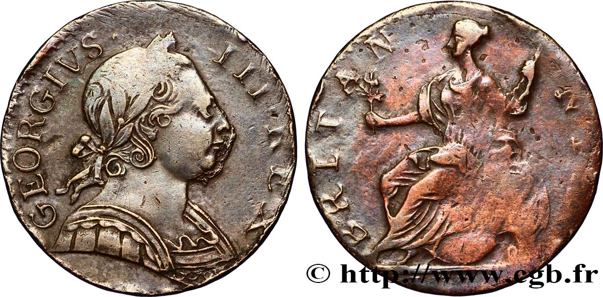 REINO UNIDO 1/2 Penny Georges III 1775 Londres BC+ 