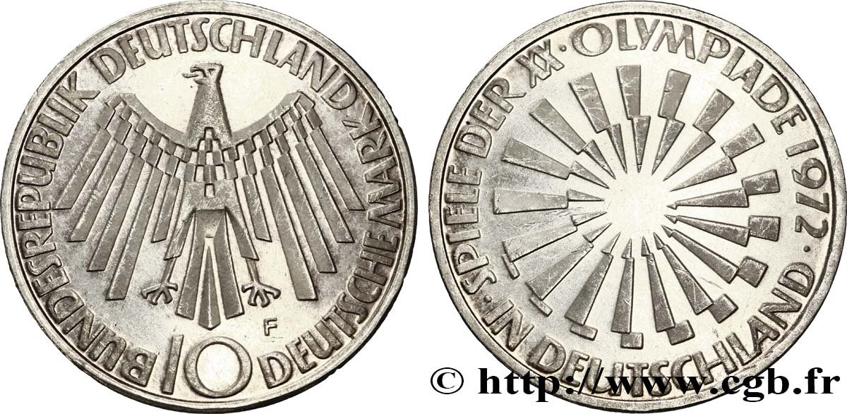 DEUTSCHLAND 10 Mark XXe J.O. Munich / aigle type “IN DEUTSCHLAND” 1972 Stuttgart - F VZ 