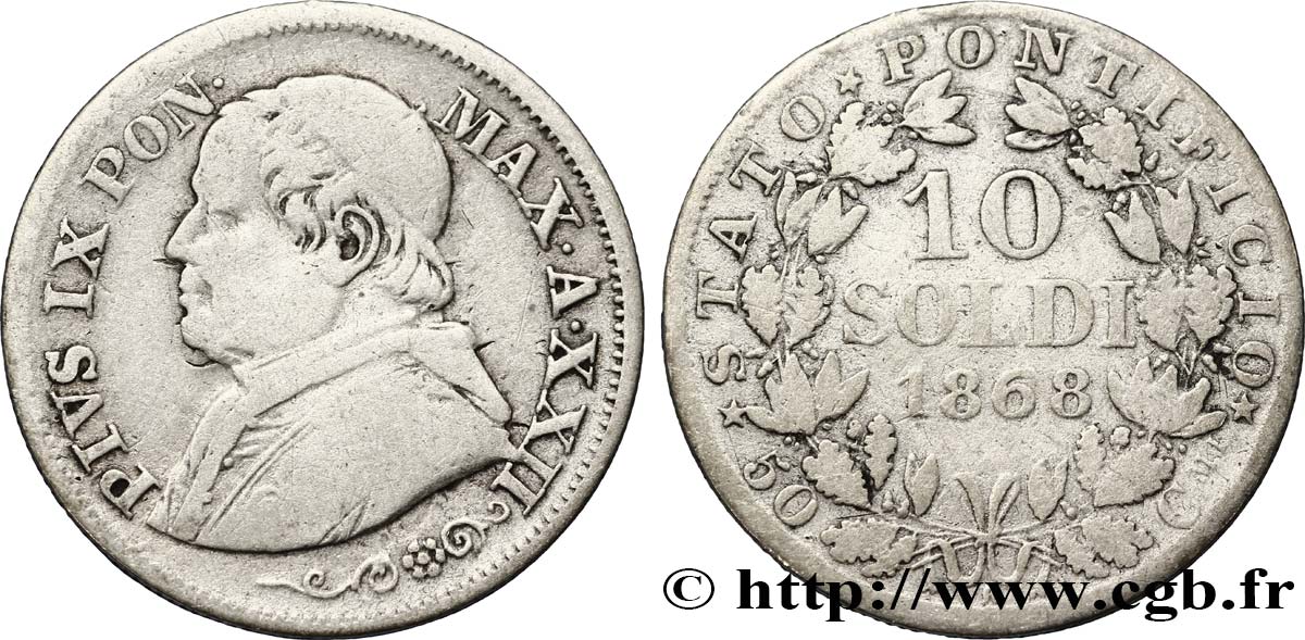 VATICANO E STATO PONTIFICIO 10 Soldi (50 Centesimi) Pie IX an XXII 1868 Rome MB 