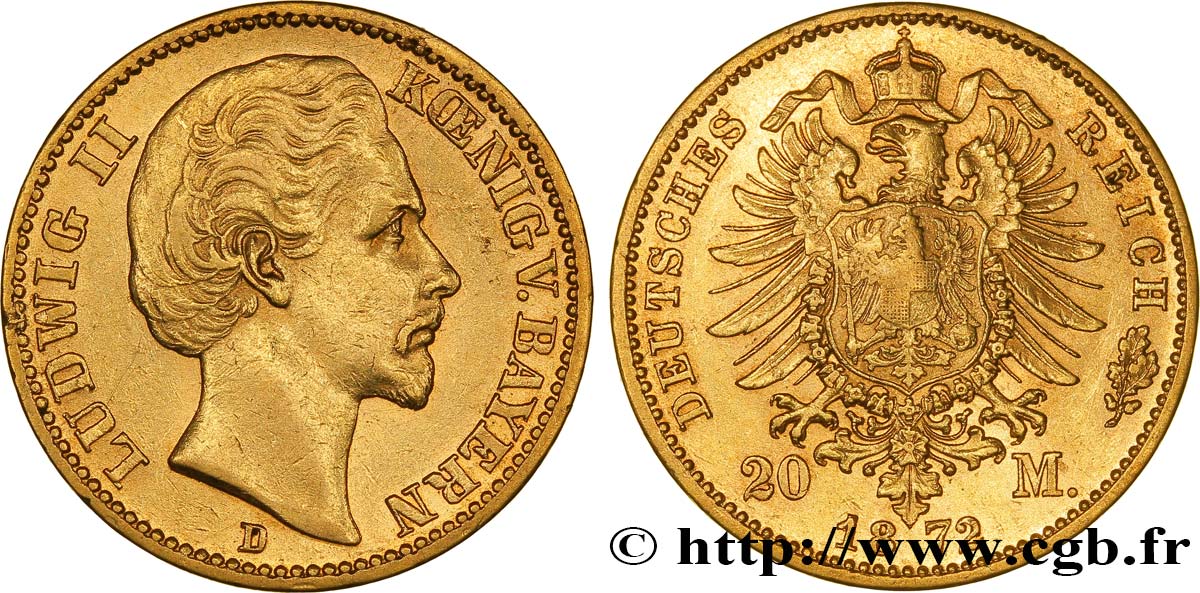 GERMANY - BAVARIA 20 Mark or Royaume de Bavière, Louis II, roi de Bavière / aigle impérial 1872 Munich - D AU 