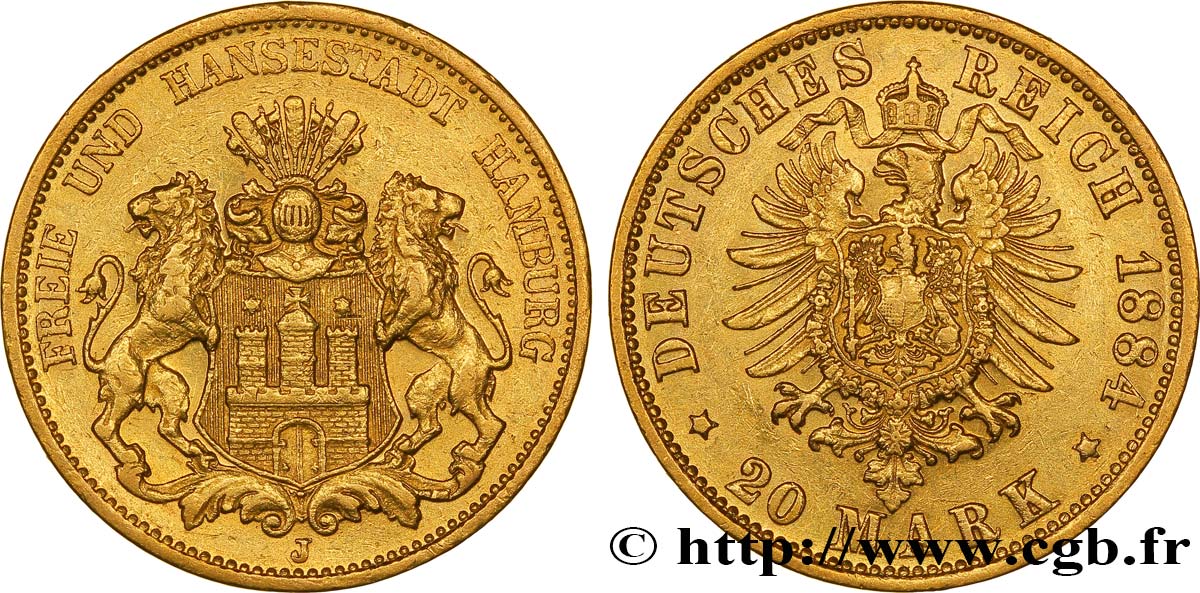 GERMANIA - LIBERA CITTA DE AMBURGO 20 Mark or Ville libre et hanséatique d Hambourg : armes de la ville / aigle impérial 1884 Hambourg - J BB 