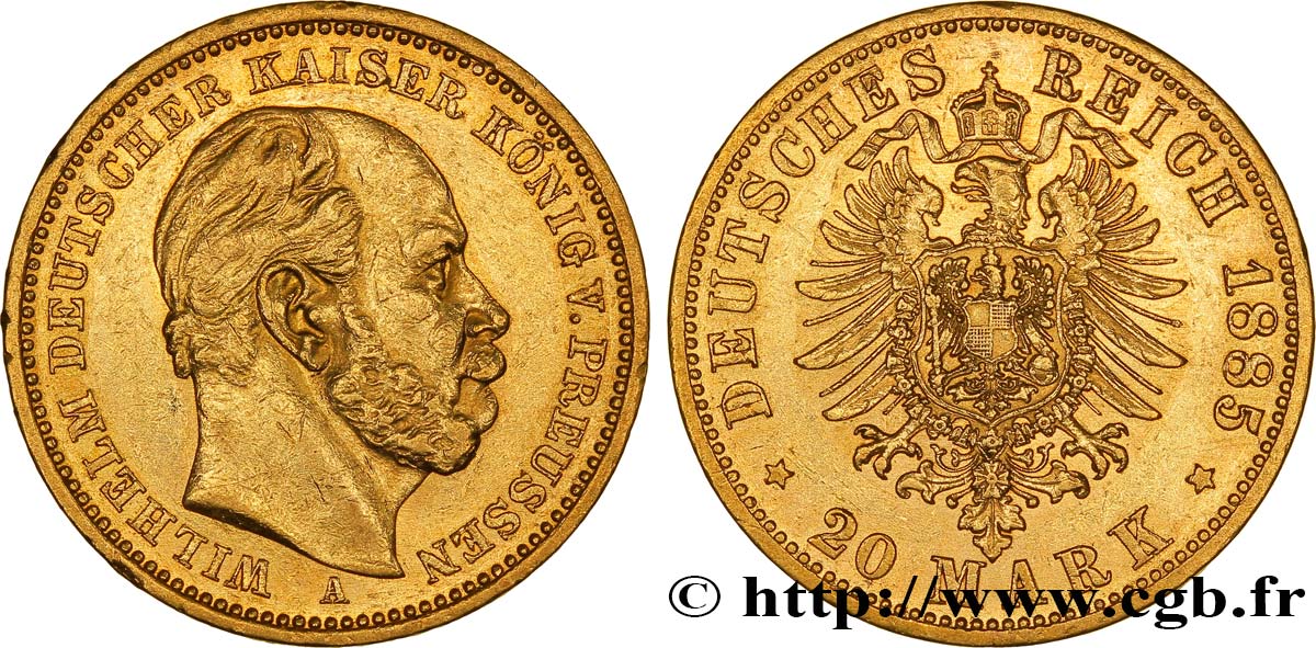GERMANIA - PRUSSIA 20 Mark Guillaume Ier, 2e type 1885 Berlin q.SPL 