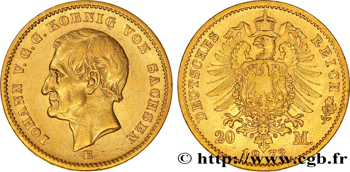 ALEMANIA - SAJONIA 20 Mark Royaume de Saxe : Jean, roi de Saxe / aigle impérial 1872 Dresde - E MBC 
