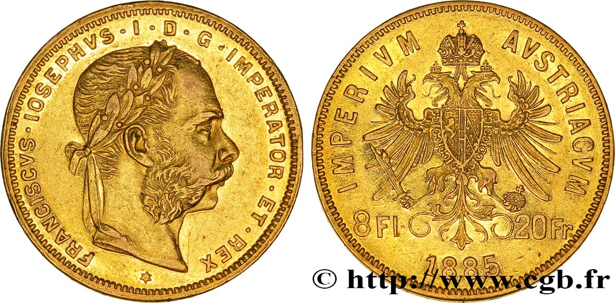 AUSTRIA 8 Florins ou 20 Francs or François-Joseph Ier 1885 Vienne EBC 