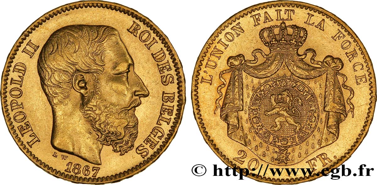 BELGIEN 20 Francs Léopold II 1867 Bruxelles fVZ 