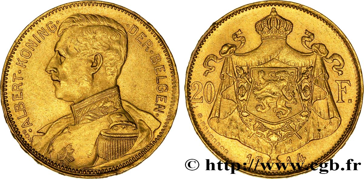 BELGIO 20 Francs or Albert Ier tête nue légende flamande, tranche position A 1914  SPL 